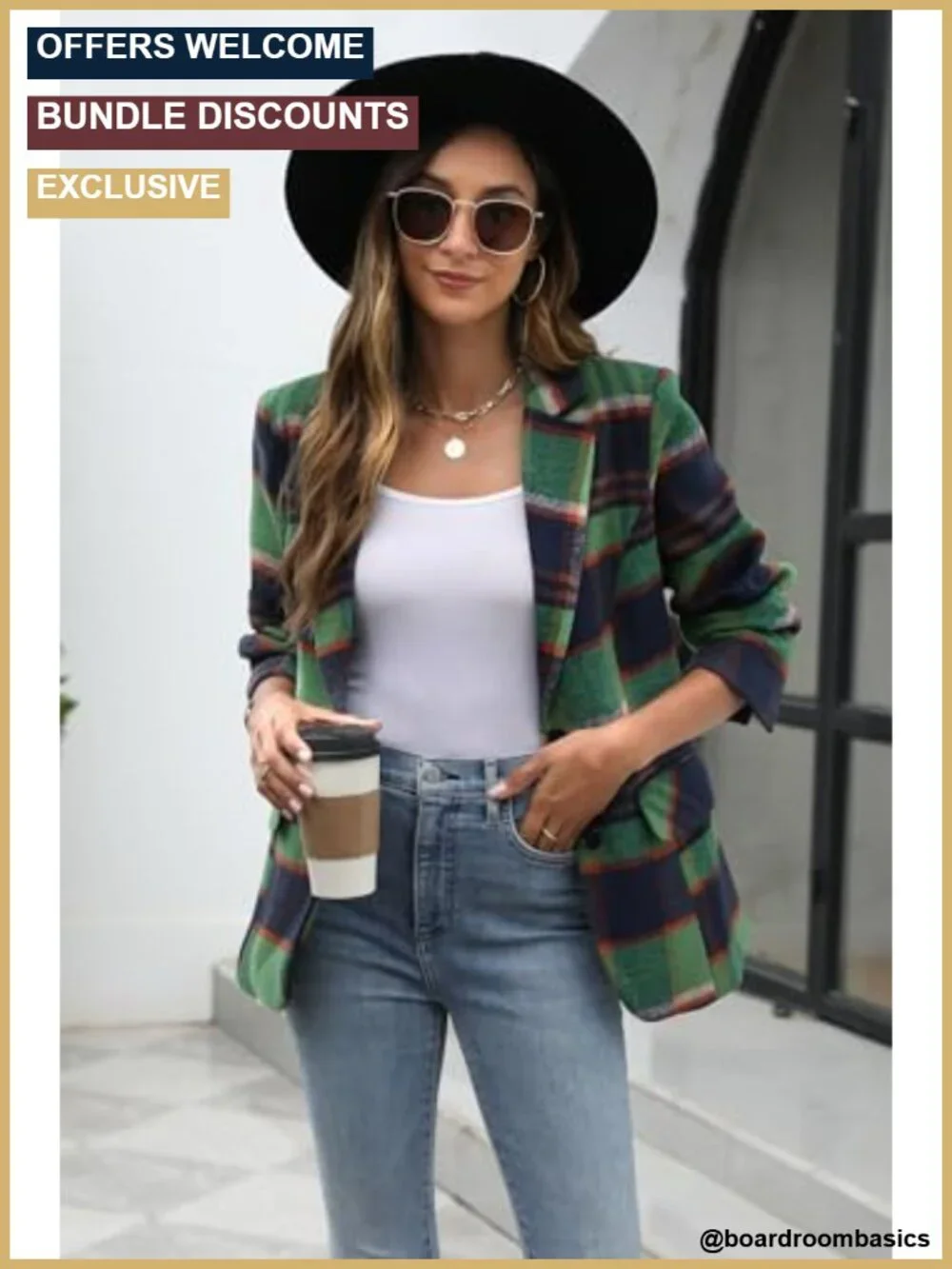 Women's Business Casual Plaid Blazer Notched Lapel Long Sleeve Blazer with